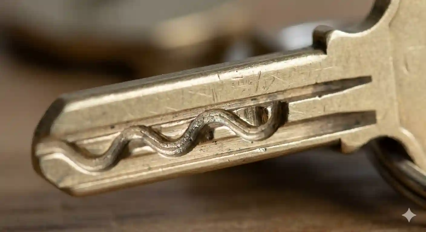 Macro photo of a sidewinder laser-cut key showing the center-milled track