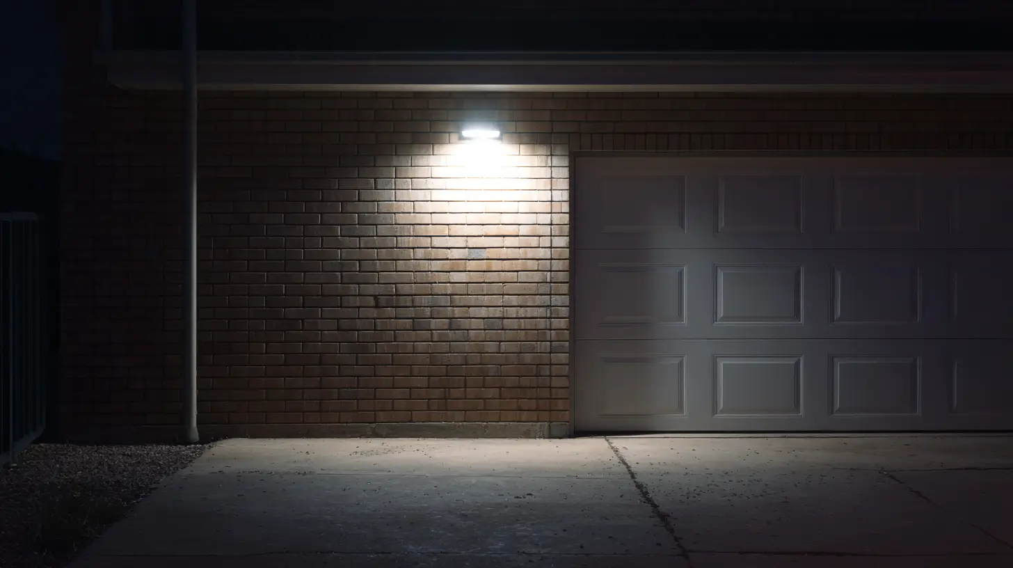 Motion-activated floodlight mounted above garage door illuminating driveway at night