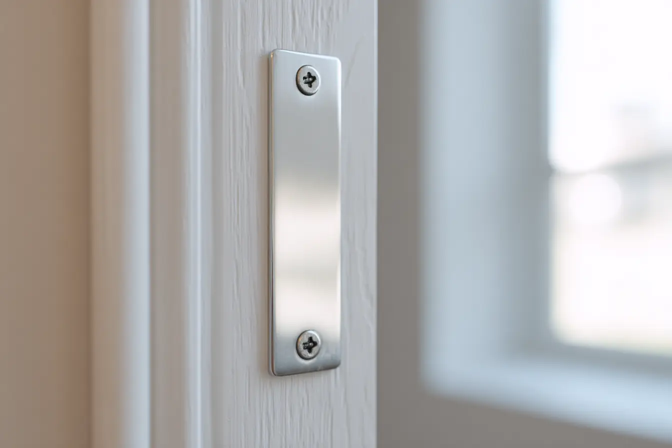 Strike plate installed in door frame with 3 inch screws