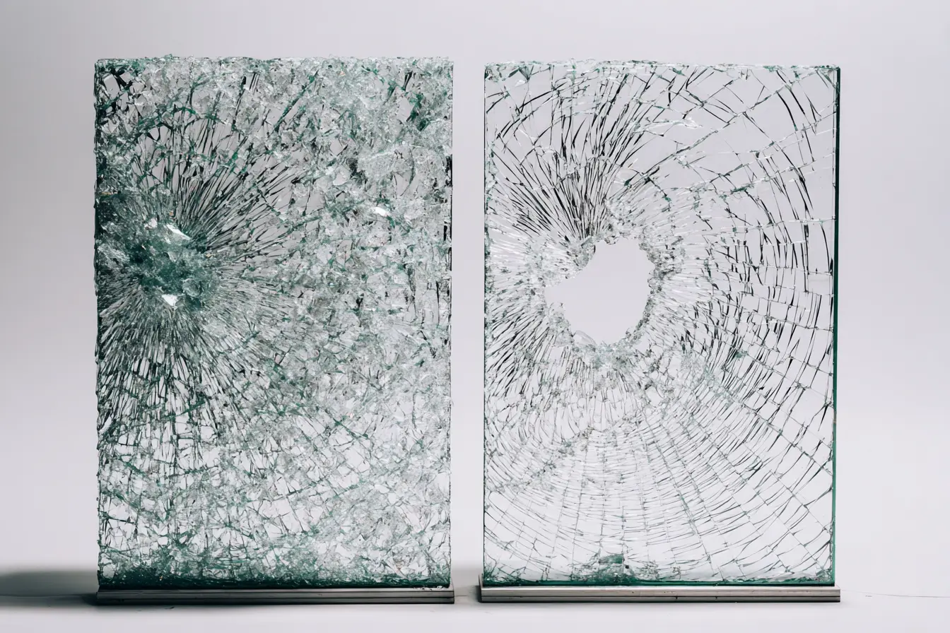 Filmed glass held together after impact compared to unfilmed shattered glass